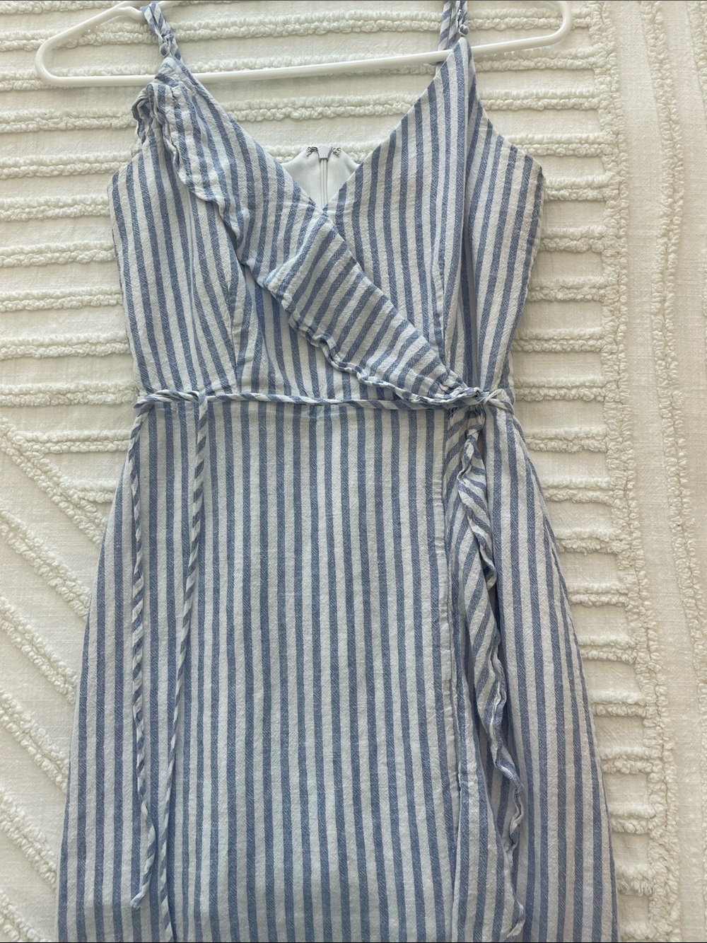 Dex Blue and White Striped Wrap Midi Dress